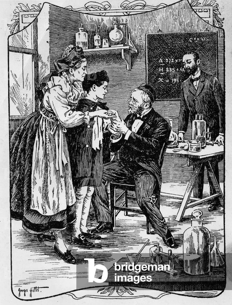 French physician Louis Pasteur (1822-1895) examining the young Joseph Meister bitten by a rabid dog before inoculation July 6, 1885, engraving