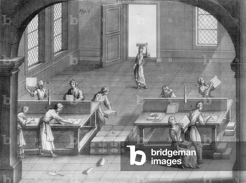 Manually smoothing of paper sheets, engraving, 17th century