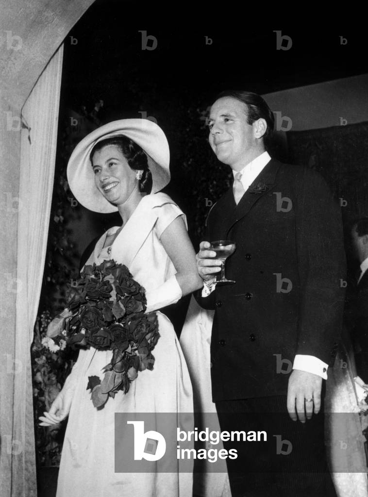 Prince Sadruddin Aga Khan with his wife Nina Dyer August 28, 1957 on their Wedding day in Collanges (Switzerland)