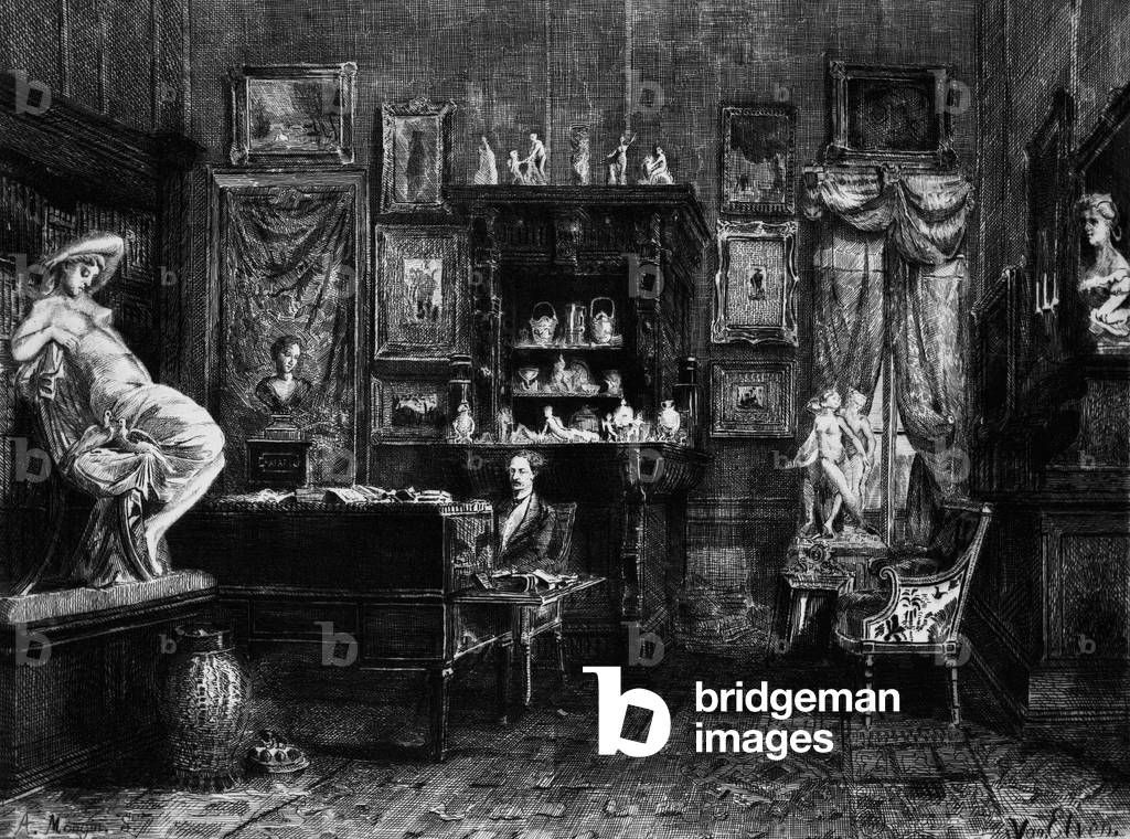 Study of French writer Alexandre Dumas the Father (1802-1870) in Monte-Cristo castle, Port Marly, France, engraving