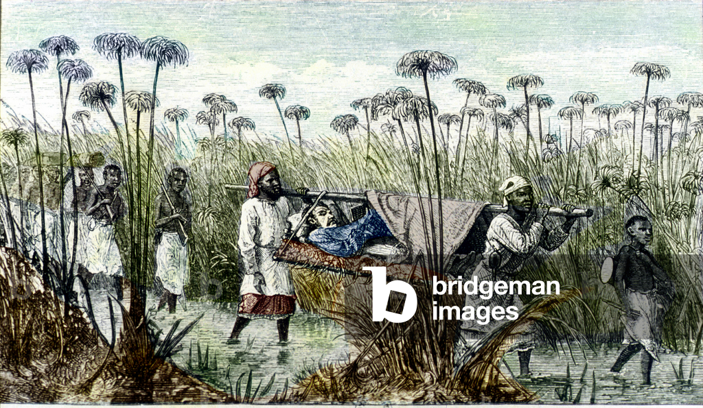 English explorer Sir Henry Morton Stanley (1841-1904) who took possession of left bank of Congo river between 1875 and 1879, here in Africa on a stretcher, drawing