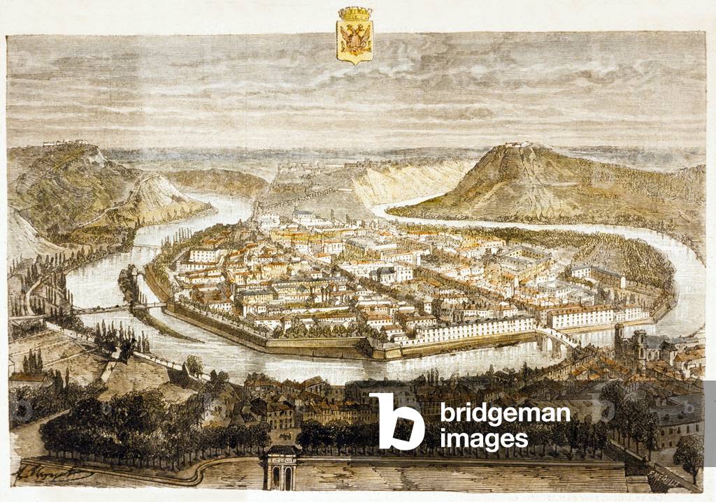 View of Besancon, France (colour engraving)