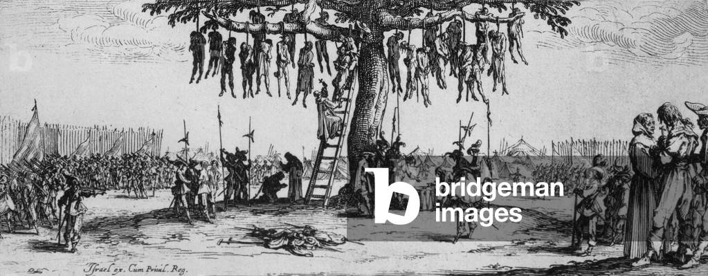 Les Grandes Miseres de la guerre (The Great Miseries of War), engraving by Jacques Callot (1633) : hanging