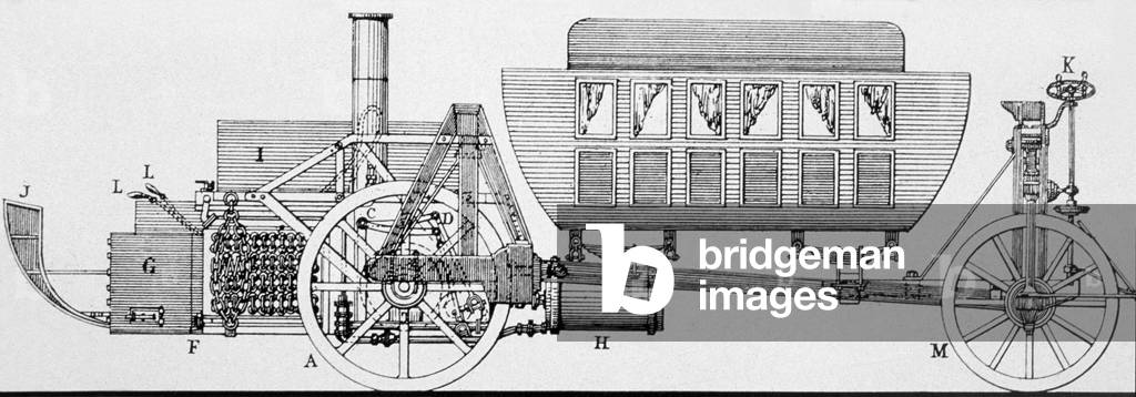 Steam stagecoach by Julius Griffith, 1821, engraving