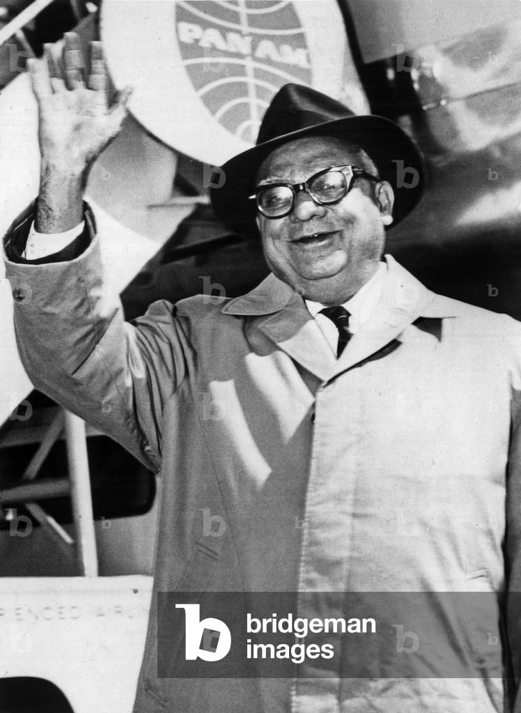Romulo Betancourt (1908-1981) President of Venezuela arriving at airport in New York May 1964