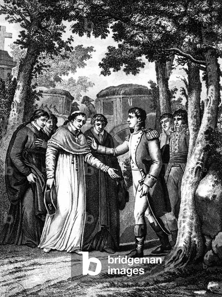 French emperor Napoleon 1st meeting pope Pius VII in Fontainebleau in November 25, 1804, engraving