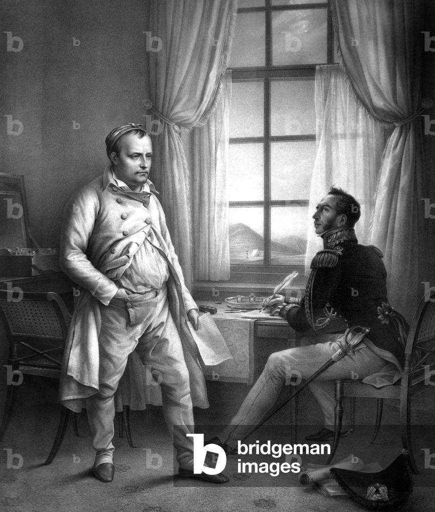 Napoleon I dictating his memorials to General Gourgaud, 19th century (engraving)