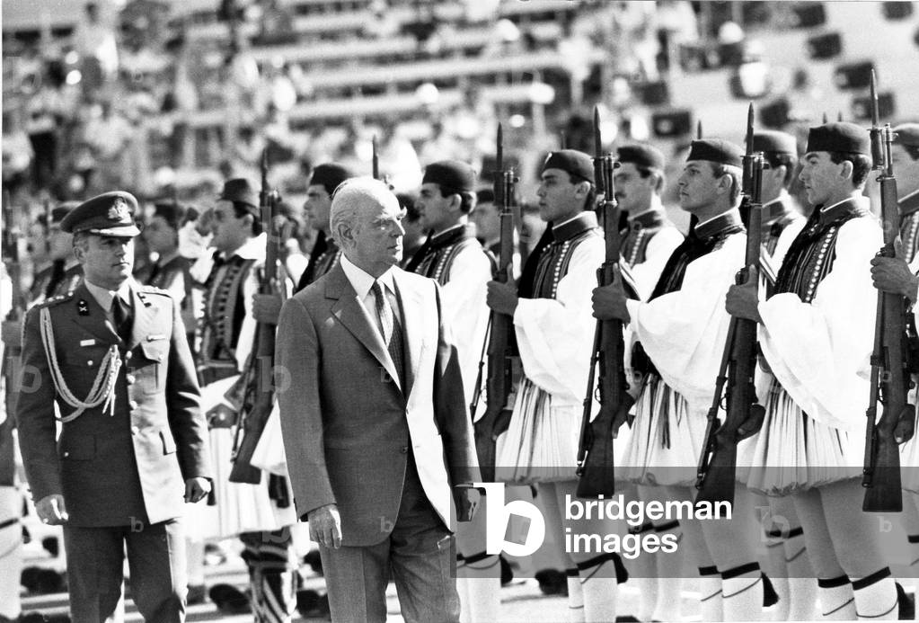 greek President Constantin Karamanlis reviewing guard of honour for opening ceremony of the 13th european athletics champiobships in Athens September 06, 1982