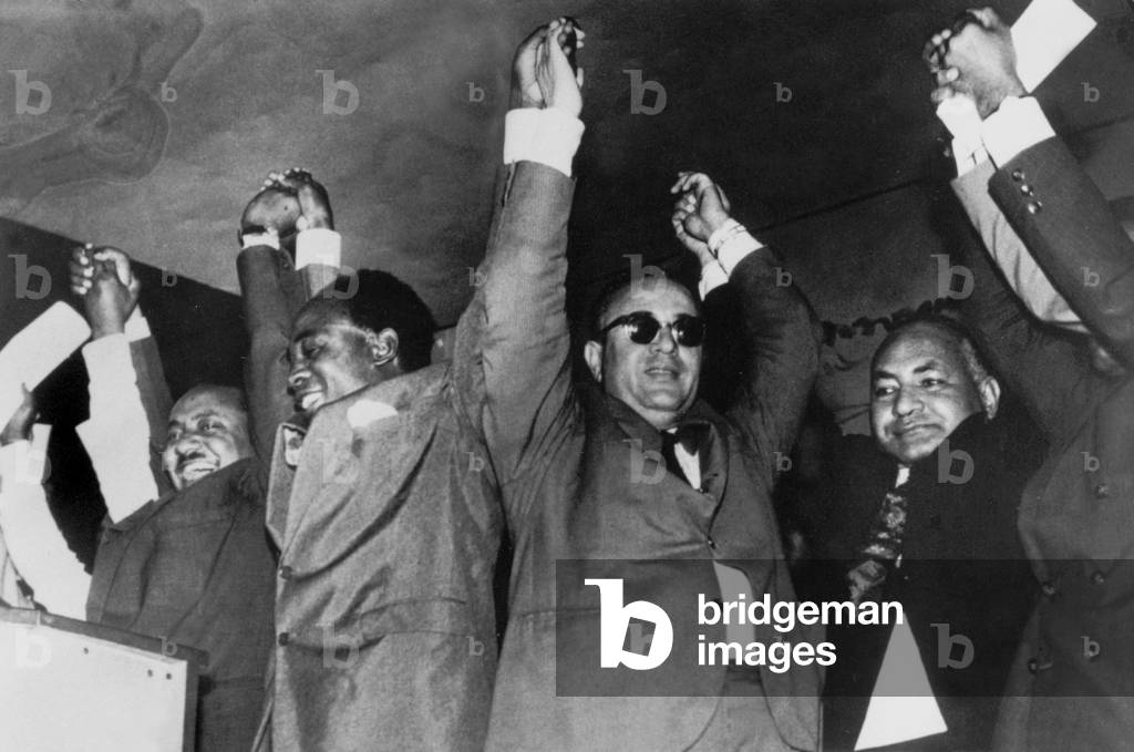 Neg: 60101PL Conference “Positive action” for an African Union from left to right Yeskin (Sudan) Dr Nkrumah (Ghana) Wahbi Elbourg (Libya) and Ogbazy (United Arab Republic) April 13, 1960