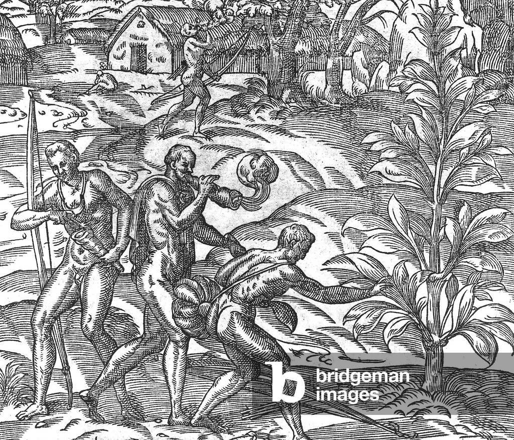 1st representation of tobacco natives smokers in the West Indies, engraving, 16th century