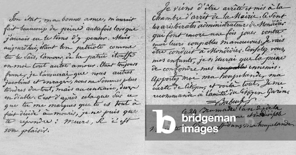 Letter written by Francois Noel Babeuf aka Gracchus Babeuf (1760-1797) French revolutionary, November 14, 1793. He's been arrested and he's writing to his wife