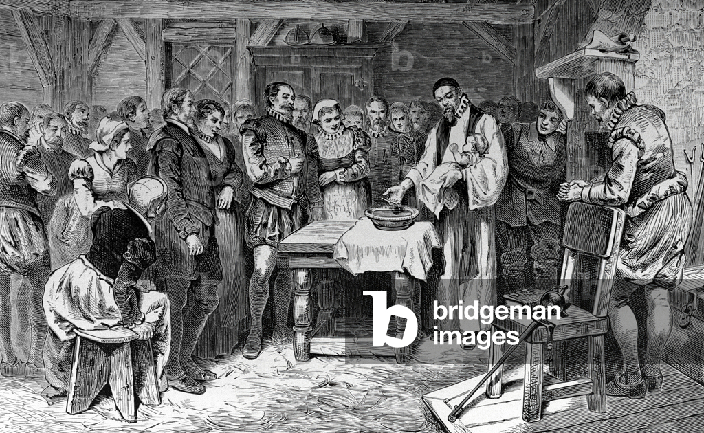 Virginia Dare first English child was born on American soil in 1587 in English colony on the island of Roanoke present-day North Carolina colon colonist in 1587 (engraving)