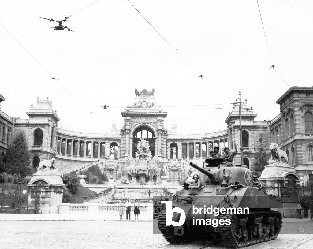 Liberation of Marseille, France, August 23, 1944 : Sherman tank of the 2nd Cuirassier Regiment outside the Palais Longchamp