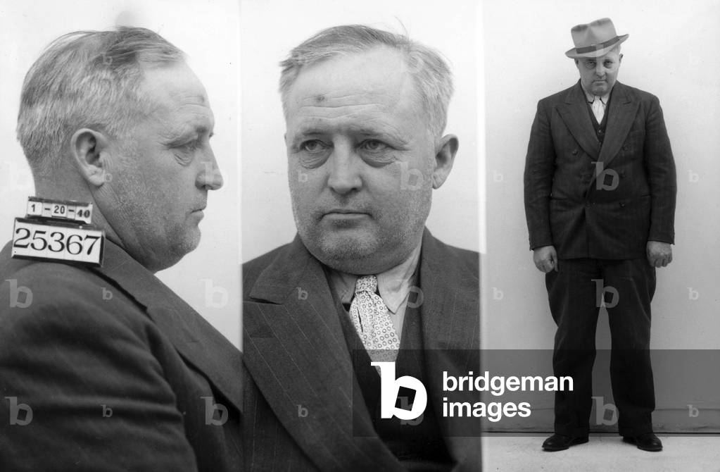 Prison mug shot of Edward Pendergast, inmate number 25367, an Irish mill wright who was convicted of arson. Waupun, Wisconsin, 1940