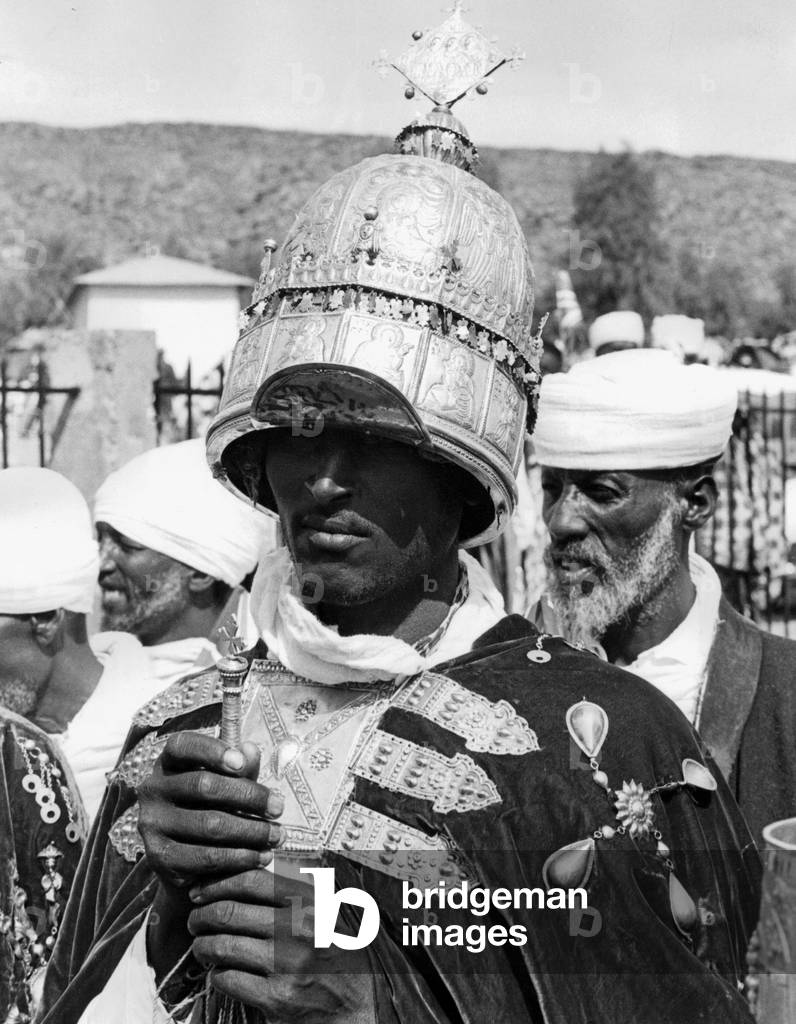 Coptic priest at Axum during Visit of Queen ElizabethII in Ethiopia February 9, 1965 religion