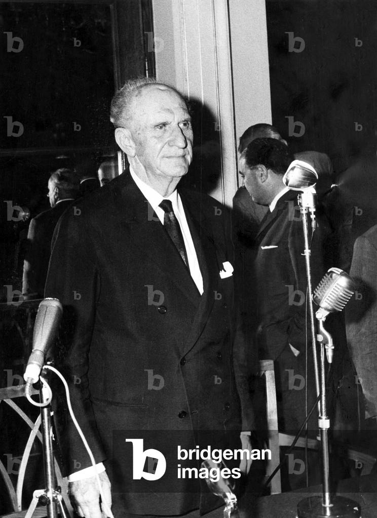 greek Prime Minister Georges Papandreou ( Gheorghios Papandhreou ) announcing his resignation July 26, 1965 in Athens