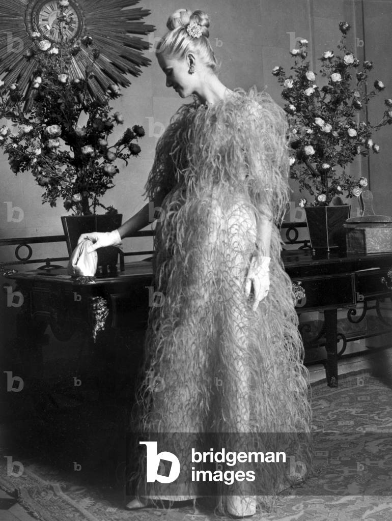Balenciaga white nigh dress with ostrich feathers, April 1967