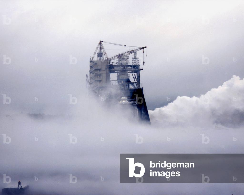 Thick fog surrounds booth A-1 at the John C. Stennis HancockCounty Space Centre, Mississippi, during the ignition tests of the main engine of the Space Shuttle (SSME)