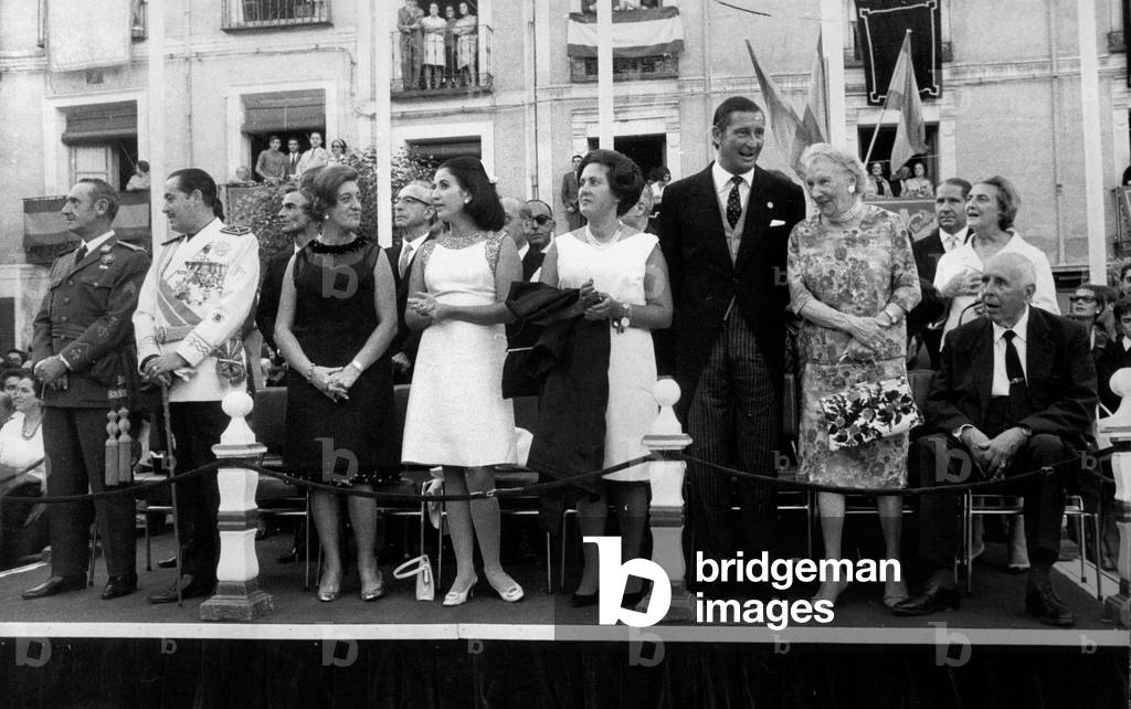 the city governor, General Guerra Lopez, Mr Zunzunegui the Mayor, marquis deof Villaverde and his parents count and countess of Arguillo during Autumn festivities in Guadalajara, Spain September 25, 1967