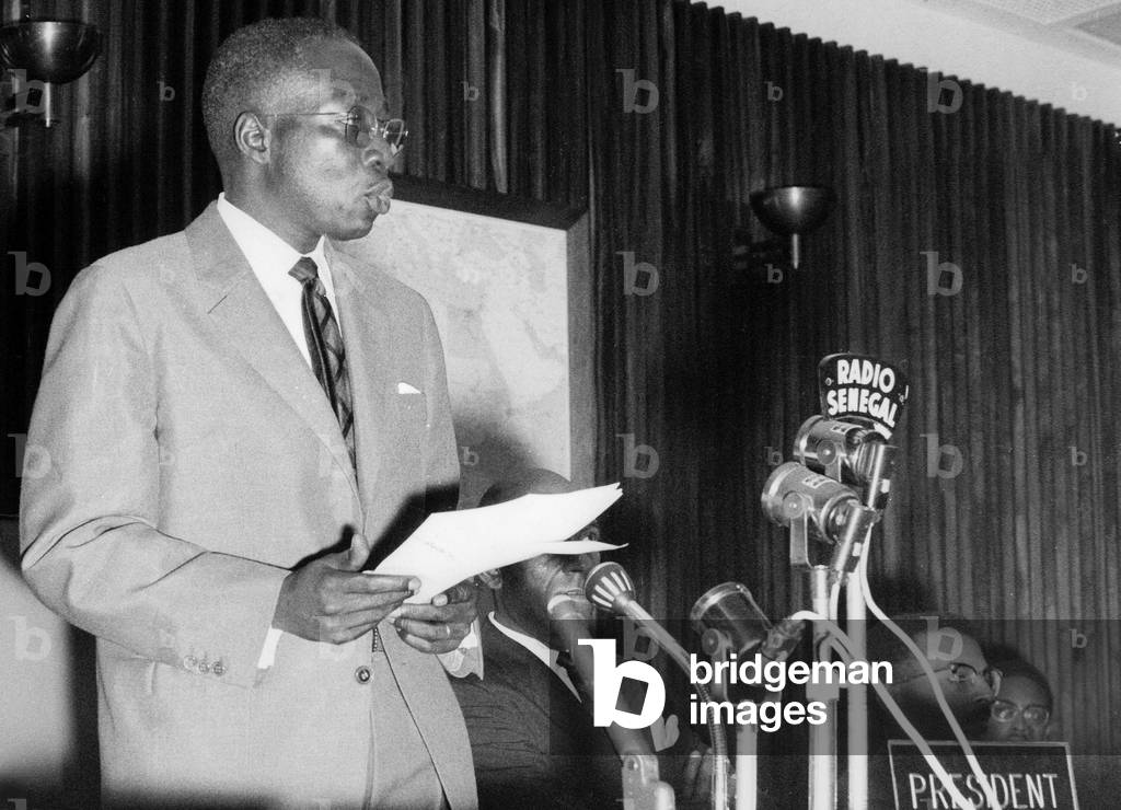 senegalese President Leopold Sedar Senghor makring speech for opening of foreign affairs ministers meeting in Dakar Senegal on August 2, 1963