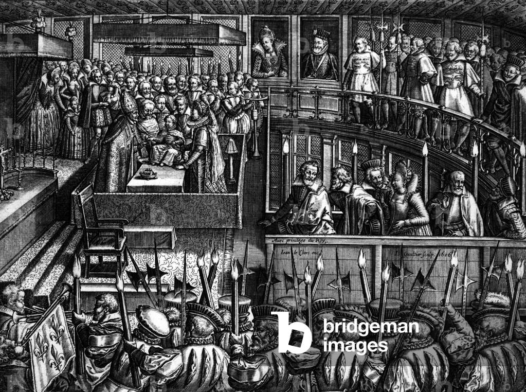 Christening of future French King  Louis XIII in Fontainebleau castle on September 14, 1606, engraving by L. Gaultier after Jean Le Clerc, 1606. His godfather was pope Paul V (he's represented in this picture but he was not present), in c top : his parents : Marie de Medicis and French King  Henri IV. His sisters (Elisabeth and Chretienne) were christened too