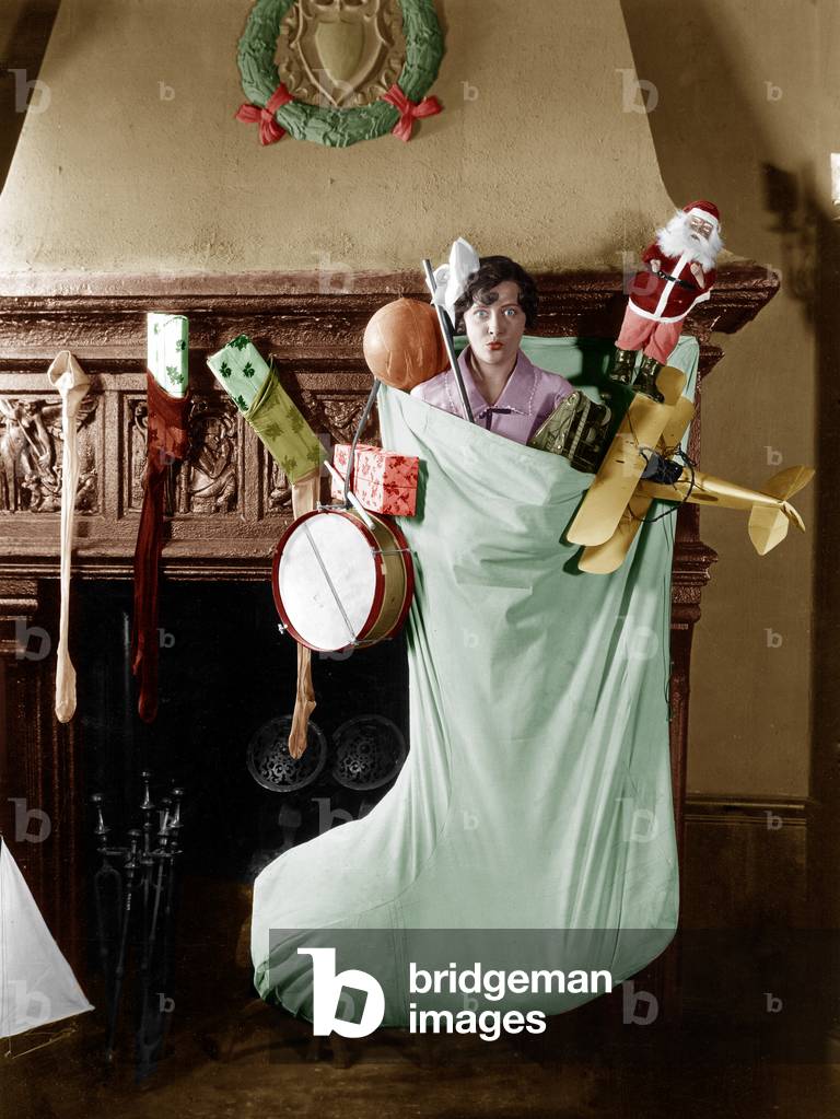 Woman in a giant CHRISTMAS sock, colourized document