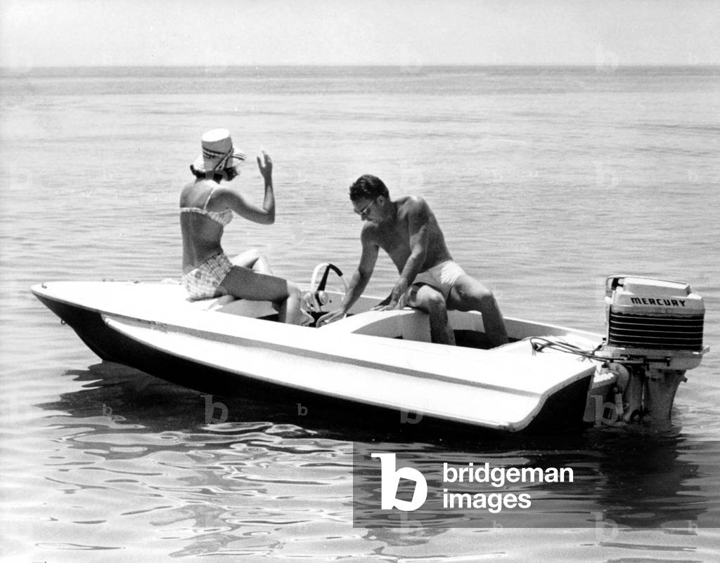 Prince Alfonso von Hohenlohe-Langenburg and his former wife Princess Ira Fuerstenberg June 07, 1964 boating at Marbella , south of Spain (four years after their-divorce)