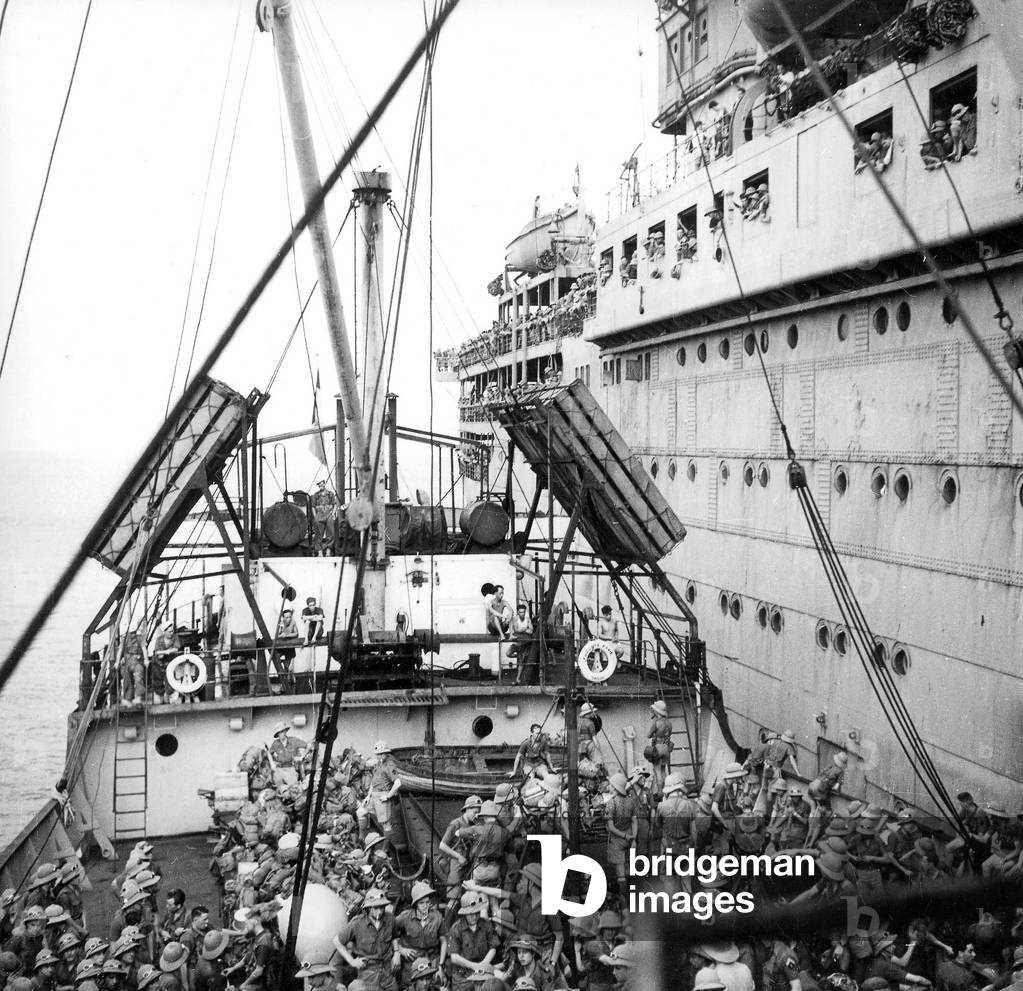 Reinforcements from France on boat Ile-de-France arriving in Tonkin (Vietnam) in 1947 during Indochina War