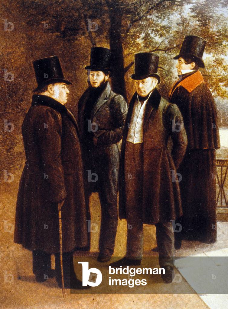 Alexander Pushkin (1799-1837) Russian novelist here with his friends the writers Krilov Zhukovsky Pushkin and Gnediche painting by G.G. Chernestor
