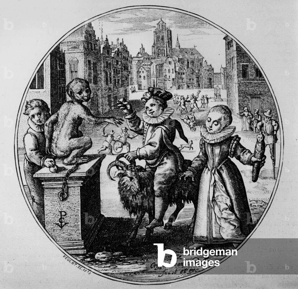 The ages of man : 10 years old : children playing with a goat and a monkey, engraving by Peulot (1874), after Crispin van de Passe (1564-1637)