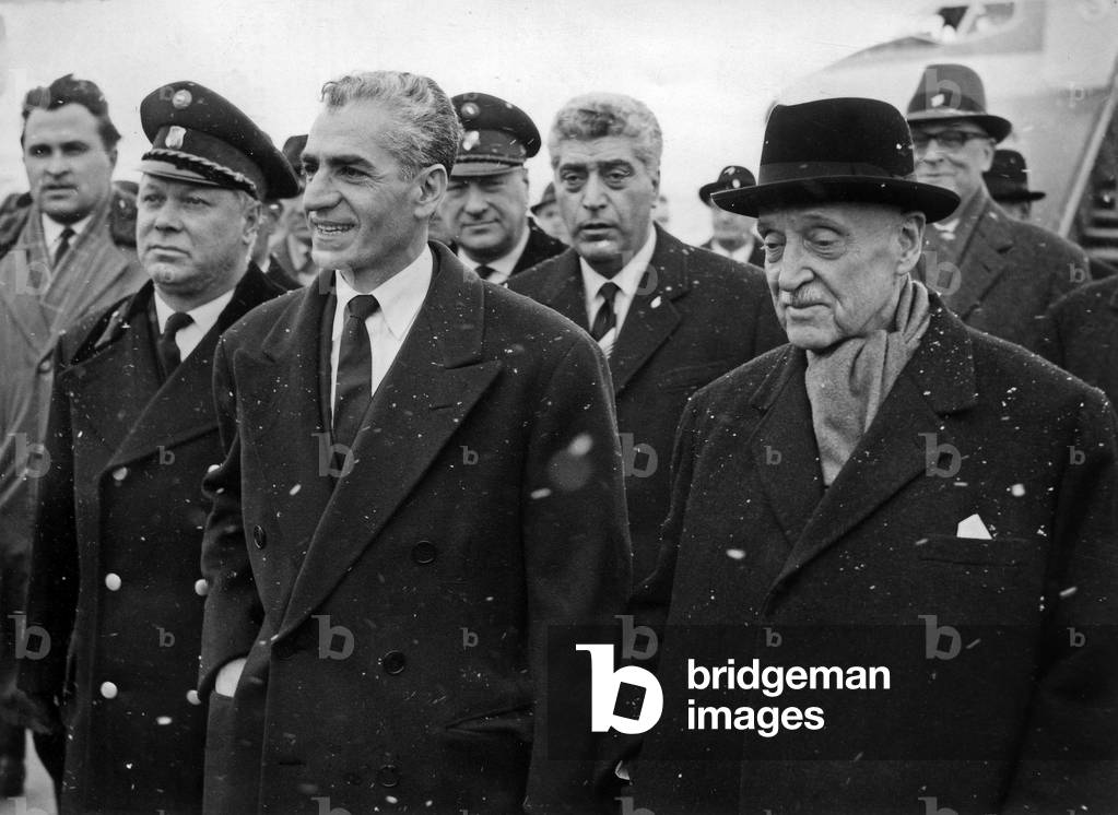 Austrian President Adolf Scharf welcoming at Vienna airport shah of Iran Mohammad Reza Pahlavi February 16, 1962