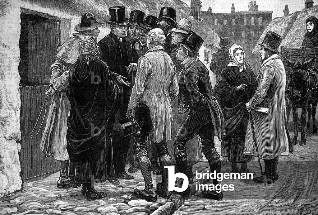 Irish people with their priests, Claremorris, County Mayo, 1881 (engraving)
