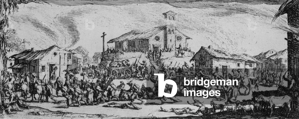 Les Grandes Miseres de la guerre (The Great Miseries of War), engraving by Jacques Callot (1633) : pillage and fire of a village