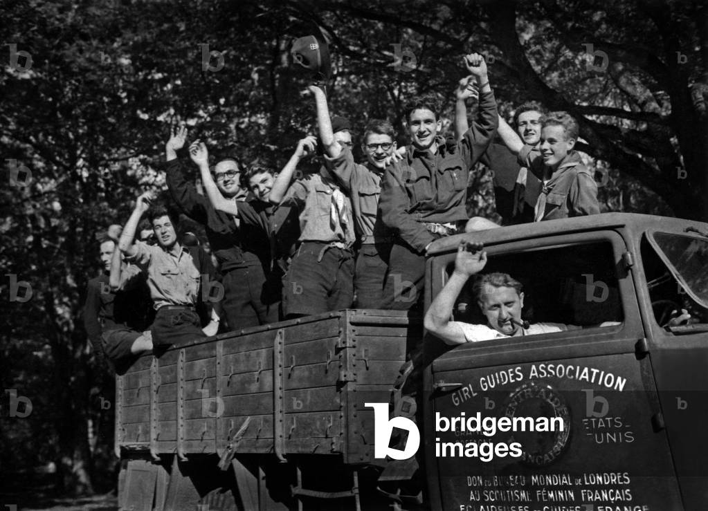 6th World Scout Jamboree in a Girl Guides Association Vehicle, Moisson, France, August 1947 (b/w photo)