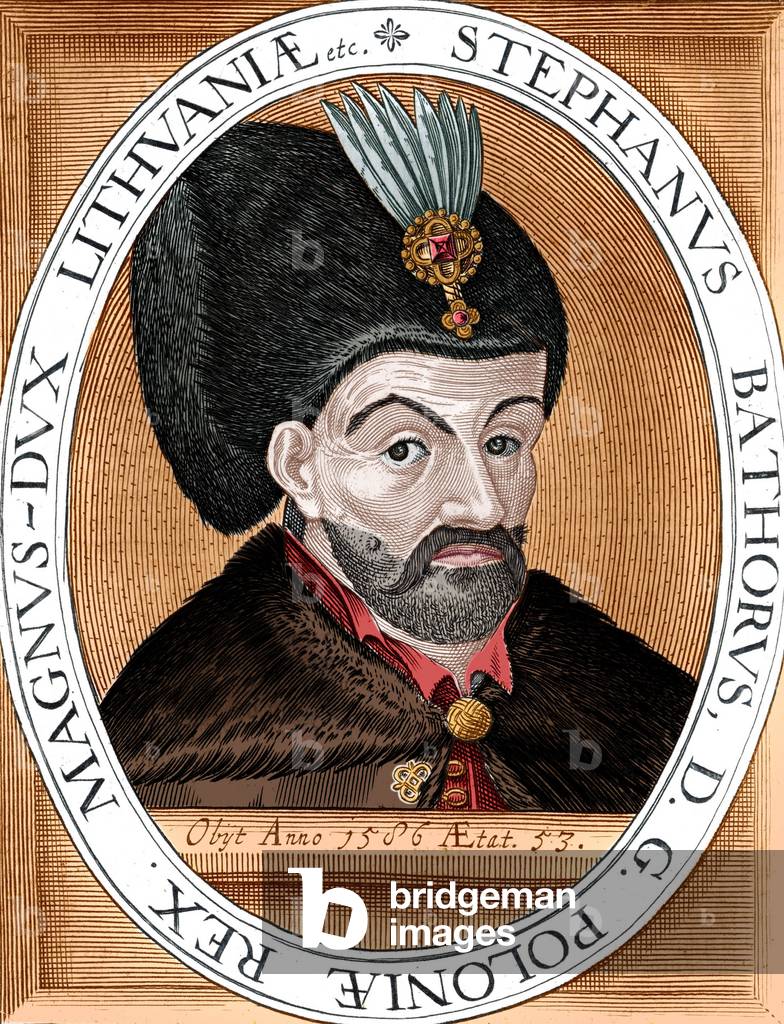 Etienne (Stefan or Stefani Bathory, 1533-1586) prince of Transylvania then King of Poland, engraving colourized document