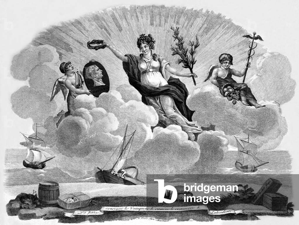 Allegorie of the peace crowning winner French emperor Napoleon 1st, engraving