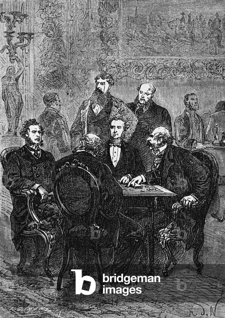 The bet of Phileas Fogg, engraving illustrating novel by Jules Verne 