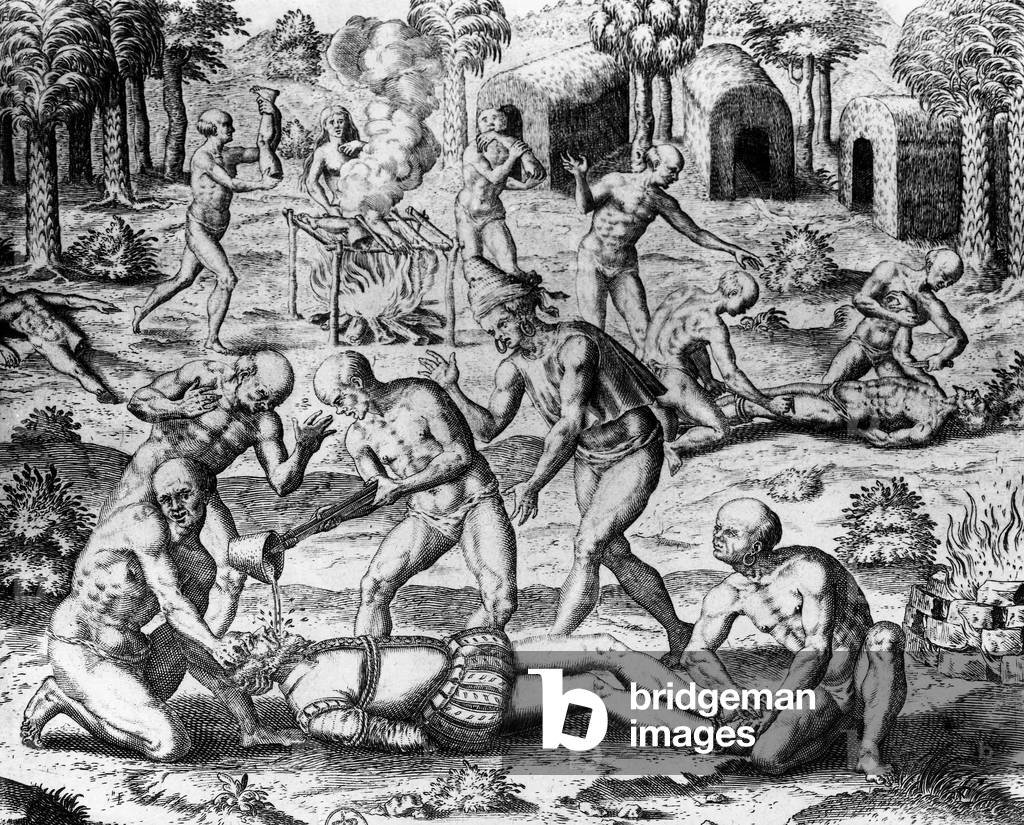 Scene of cannibalism amoung the Tupinamba Indians of Brazil .Engraving, by Theodor de Bry, 1578
