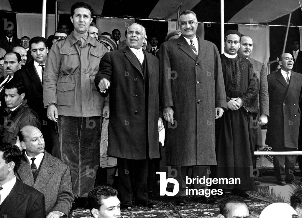 Celebration of evacuation of Bizerte (Tunisia), 1962 : Ahmed Ben Bella (algerian President), Habib Bourguiba (tunisian President), Gamal Abdel Nasser (Egyptian President) and crown prince of Libya, photo by Abdelhamid Kahia