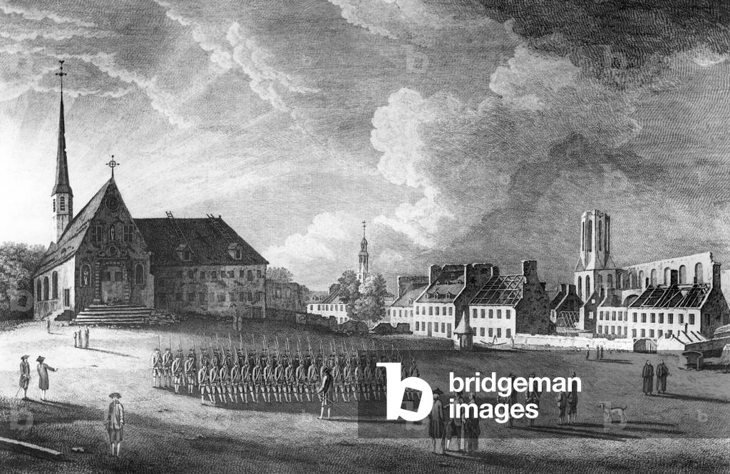 Soldiers during seven years war (1756-1763) in Quebec (between French and English), engraving, 18th century