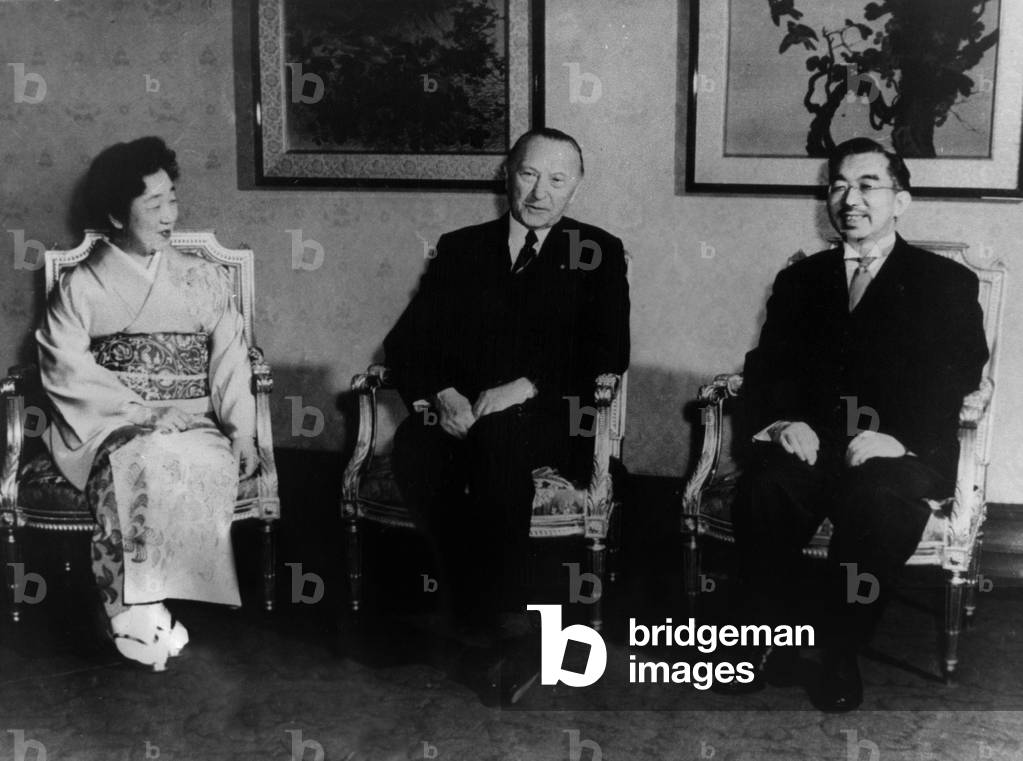 Japanese empress Nagako, German chancellor Conrad Adenauer and japanese emperor Hirohito in Japan on March 26, 1960