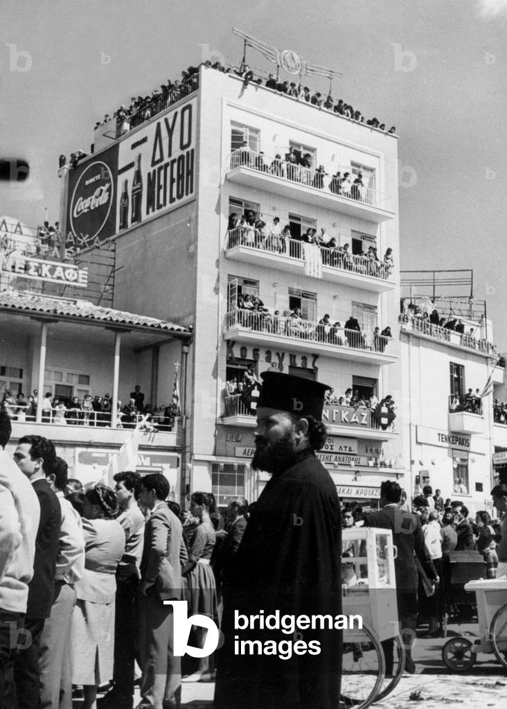 Cypriot Priest and Crowds in Nicosis, Cyprus Independence, 19th May 1959 (b/w photo)
