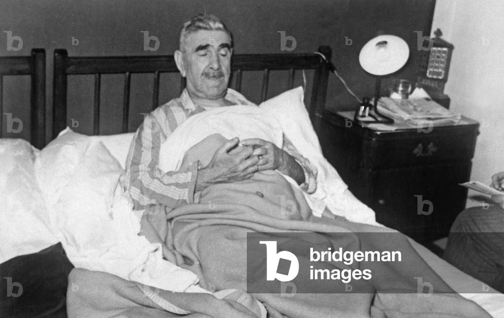 Neg: 49992PL Ante Pavelic on bed after the attack in his home in Lomas Del Palomar after being treated in a hospital in Argentina on 16 April 1957