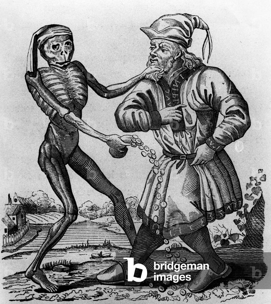 The Jew and Death, episode of the dance of the dead, painted in 1441 in the Dominican cemetery, a bale; facsimile of the engraving by Mathieu Merian