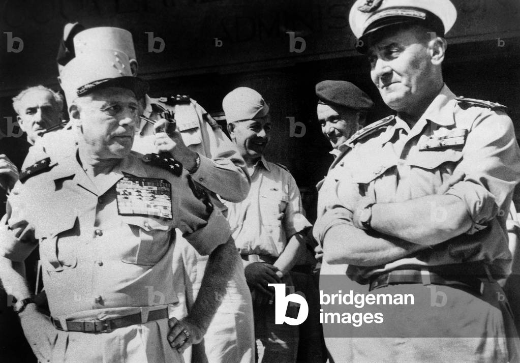 French officers General Salan (l) and General Jouhaud in Algiers May, 26, 1958 after the demonstrations in Algiers in favour of French Algeria and the creation of National Salvation Committee led by GeneralMassu and Salan, at the time of the war in Algeria
