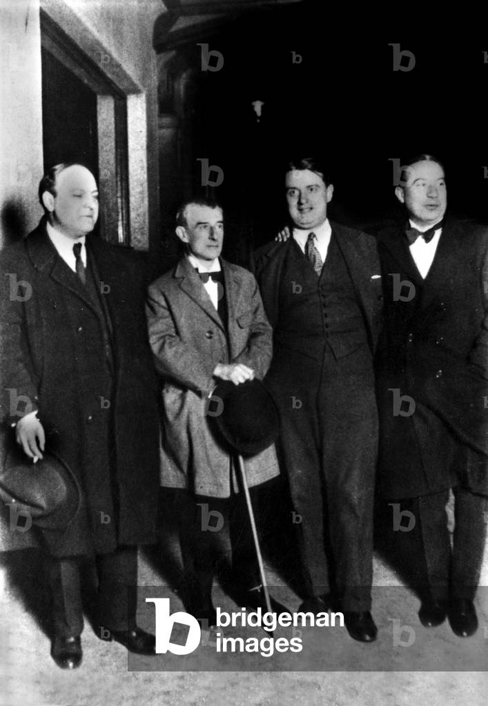 Leon Paul Fargue (1876 - 1947) with the French musicians and composers Maurice Ravel (1875-1937) and George Auric (1899-1983) and the French writer Paul Morand (1888-1976) in 1930