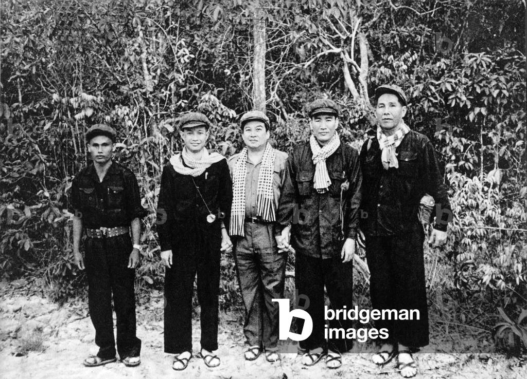 Norodom Sihanouk King  then head of cambodian state here during inspection of free zone March 1973 , in c l-r : Khieu Samphan, Norodom Sihanouk and Hu Nim