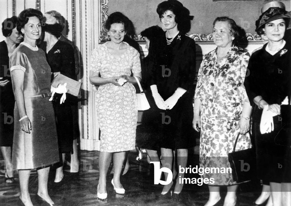 Martha Kyrle (daughter of Dr Scarf), Miss Helena Khrouchtchev (daughter of Mrs Khroushtchev) , Jackie Kennedy and Mrs Nina Khroushtchev (2nd wife of Khroushtchev) June 05, 1961 during reception in their honour at Palais Pallavicini in Vienna while husbands are meeting for politics