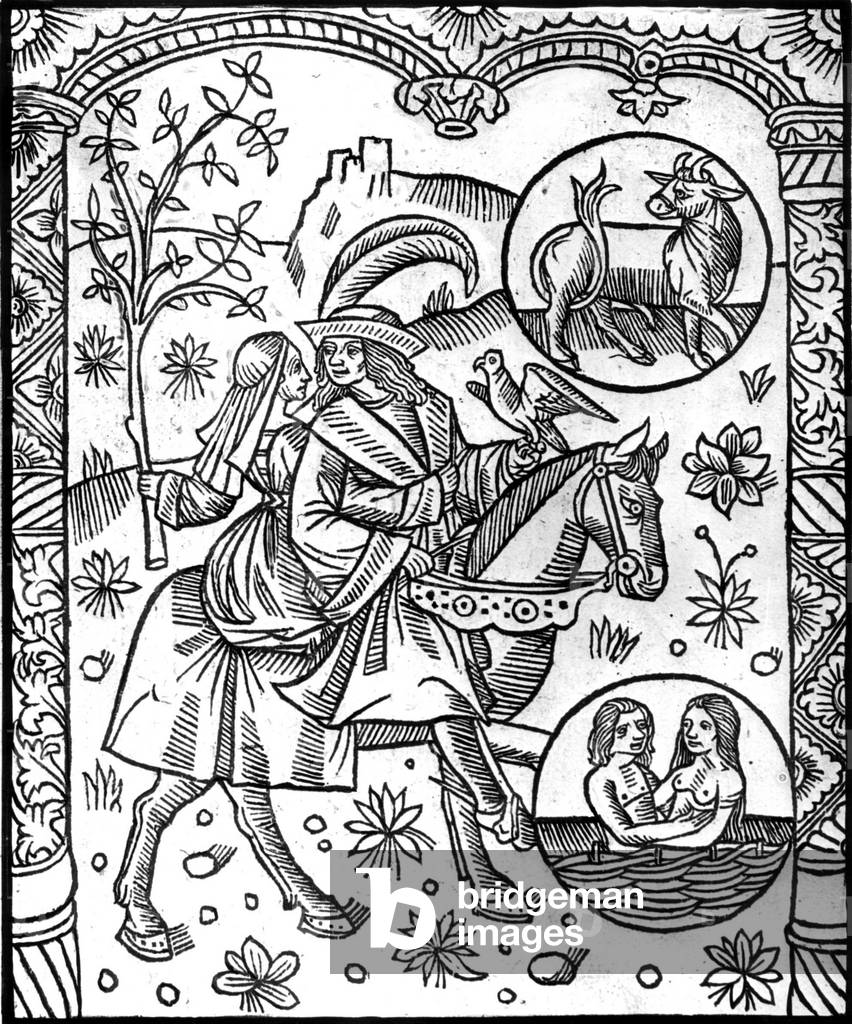 zodiac signs : Taurus and Gemini (May) : couple on horse with a tree and a bird, engraving form the calendar of sheperds, 1529