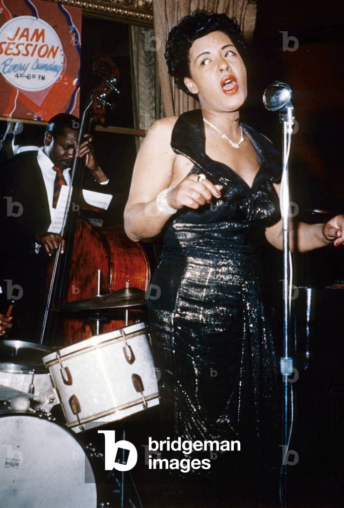 Billie Holiday (1915-1959) jazz and blues Singer, on stage during jazz jam session in 1954